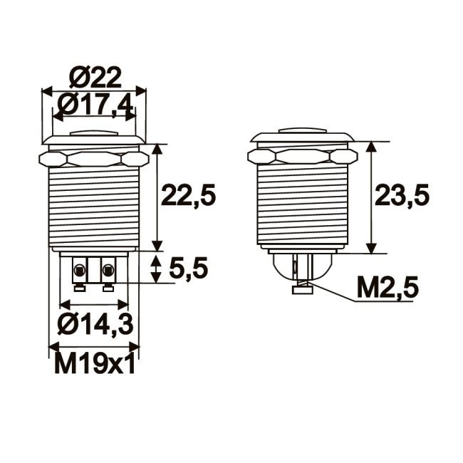 Globiz | Buton, 1 circuit 2A-250V OFF-(ON), metal • rezistent la apa
