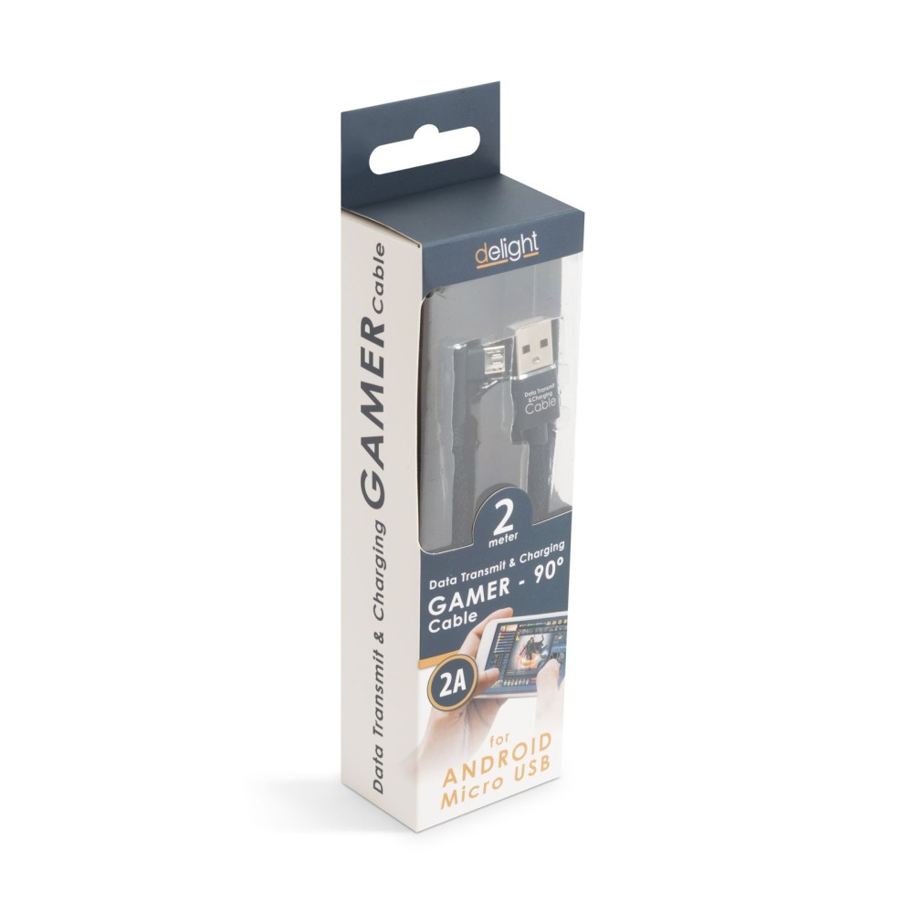Globiz | Delight - Cablu de date Micro USB, Gamer, execuţie 90° - negru, 2m -2A