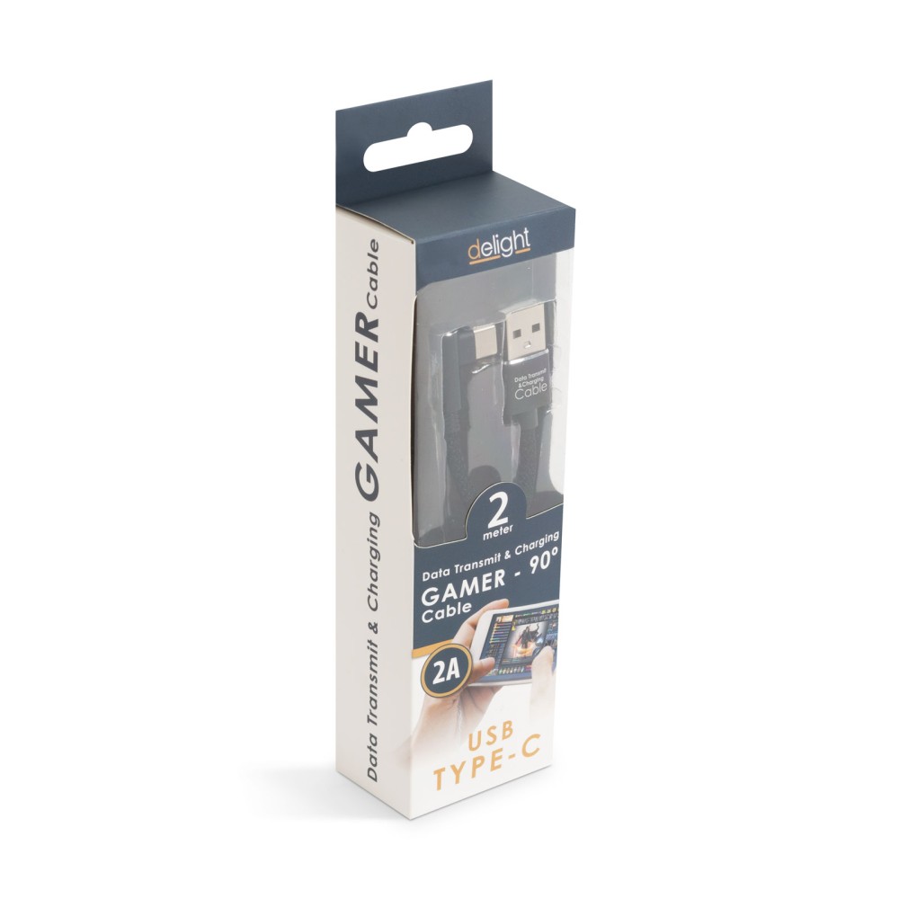 Globiz | Delight - Cablu de date - USB Type C, Gamer, execuţie 90° - negru, 2m – 2A