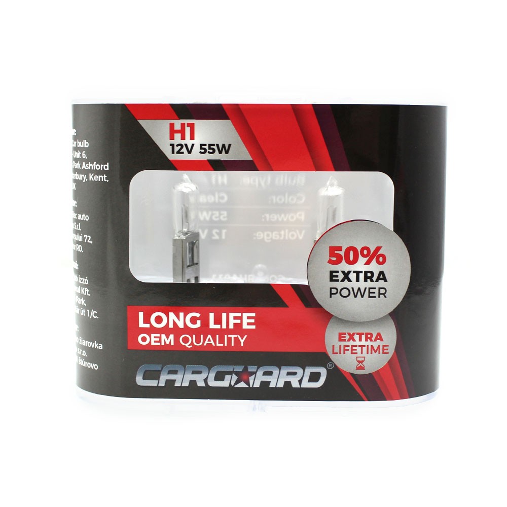 Globiz | Set de 2 becuri Halogen H1, 55W, +50% Intensitate - LONG LIFE - CARGUARD