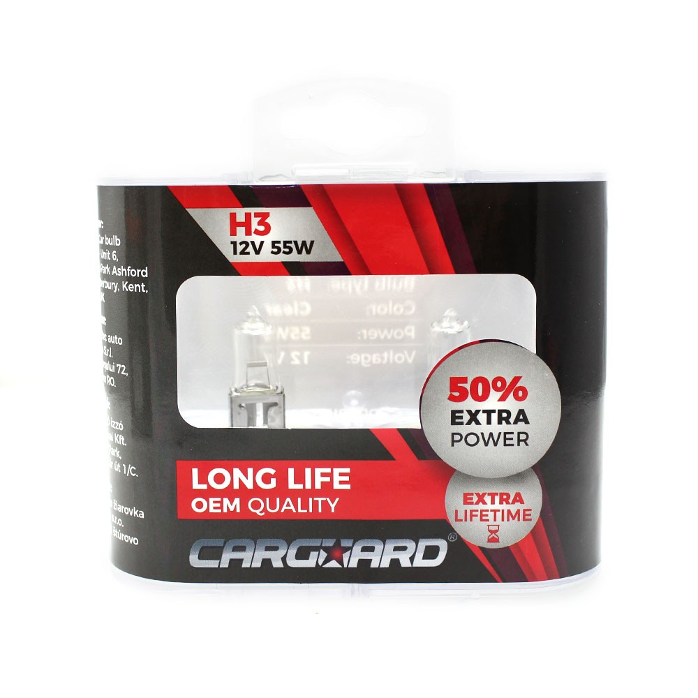 Globiz | Set de 2 becuri Halogen H3, 55W +50% Intensitate - LONG LIFE - CARGUARD