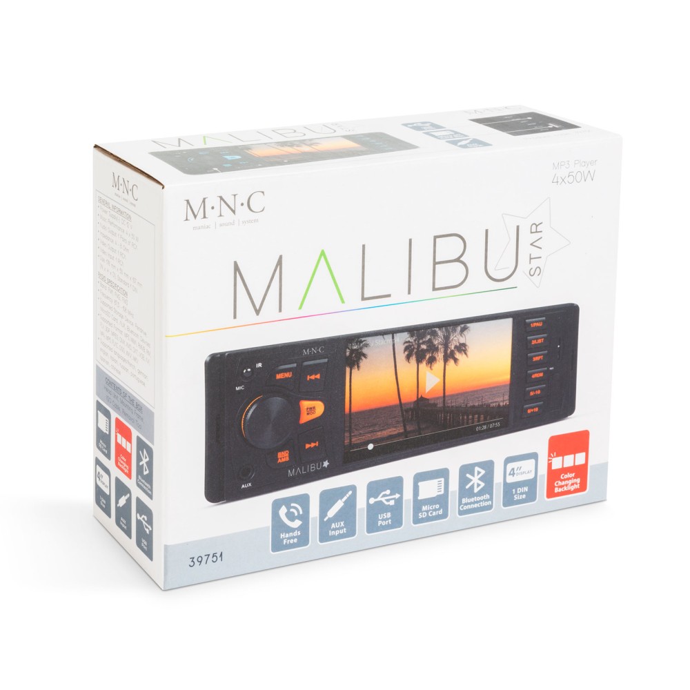 Globiz | Unitate principală multimedia „Malibu Star” - 1 DIN - 4 x 50 W - BT - MP3 - AUX - SD - USB